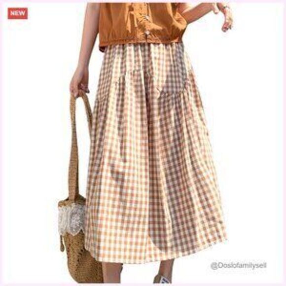 Dresses & Skirts - High Waist Cotton Midi Skirt Elastic Waist Flowy Swing A Line Casual